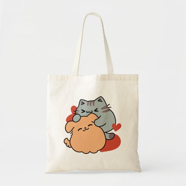 Adorable Cat and Dog Hug – Meow & Woof Design Tote Bag (Front)