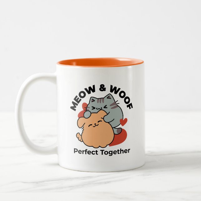 Adorable Cat and Dog Hug – Meow & Woof Design Two-Tone Coffee Mug (Left)