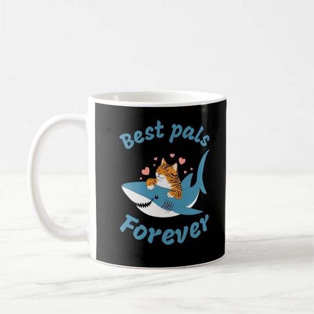 Adorable Cat and Shark. Best Pals Forever. Funny Coffee Mug (Left)