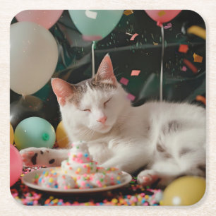 Adorable Cat Birthday Celebration Design Square Paper Coaster