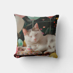 Adorable Cat Birthday Celebration Design Throw Pillow