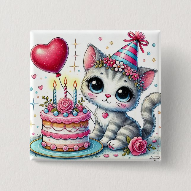 Adorable Cat Celebrating Birthday with Cake 2 Inch Square Button (Front)