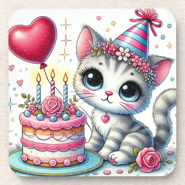Adorable Cat Celebrating Birthday with Cake Coaster (Front)