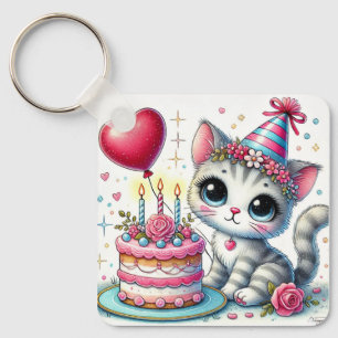 Adorable Cat Celebrating Birthday with Cake Keychain