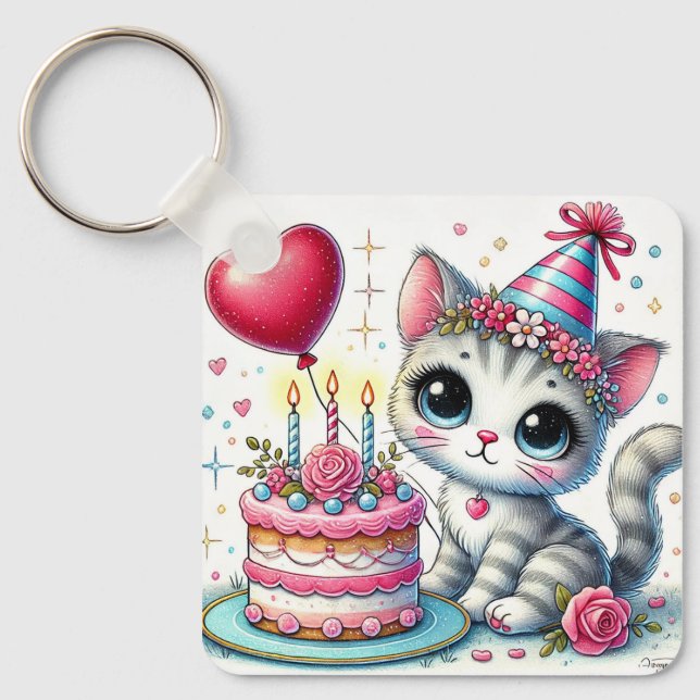 Adorable Cat Celebrating Birthday with Cake Keychain (Front)