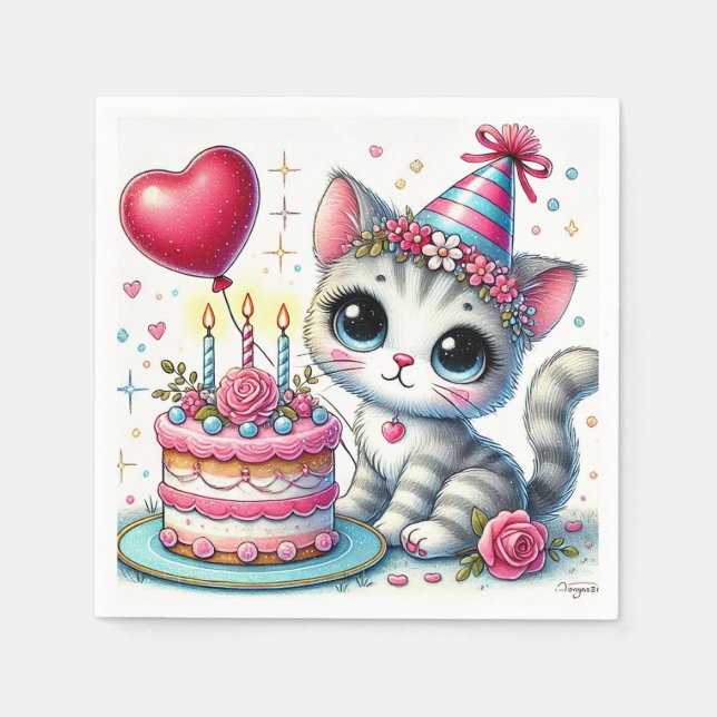 Adorable Cat Celebrating Birthday with Cake Napkin (Front)