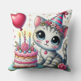 Adorable Cat Celebrating Birthday with Cake Throw Pillow