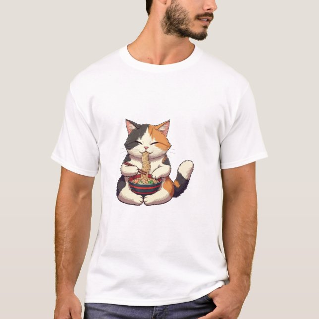  Adorable Cat Enjoying Ramen T-Shirt (Front)