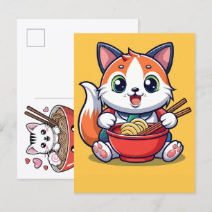 Adorable Cat Enjoying Savory Ramen Noodles Feast Holiday Postcard