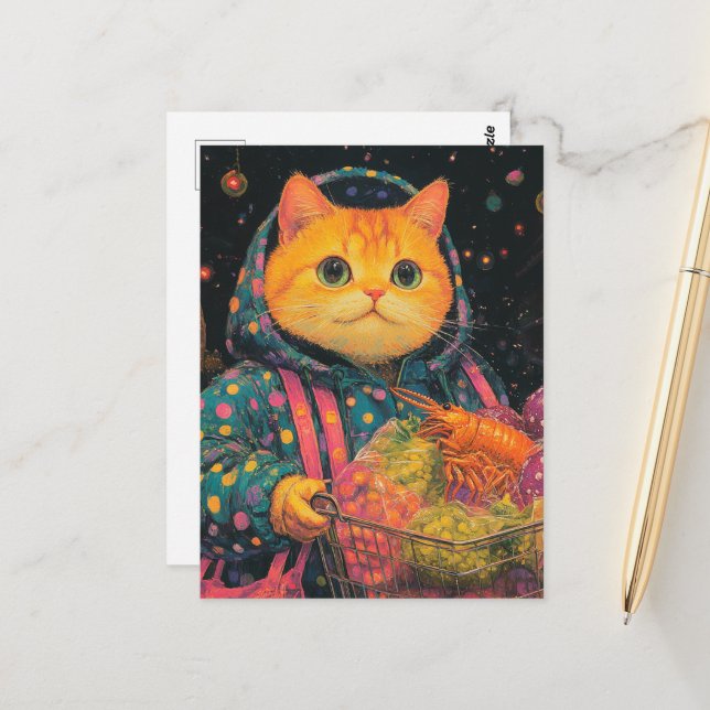 Adorable Cat Grocery Shopping in Polka Dot Jacket Postcard (Front/Back In Situ)