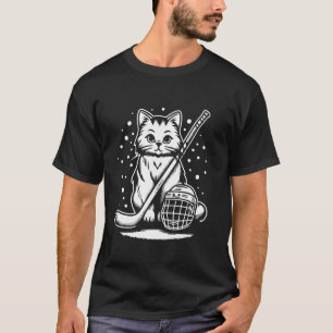 Adorable Cat Ice Hockey with Stick and Helmet T-Shirt