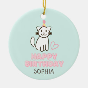 Adorable Cat in a Birthday Hat Ceramic Ornament