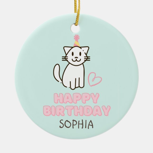 Adorable Cat in a Birthday Hat Ceramic Ornament (Front)