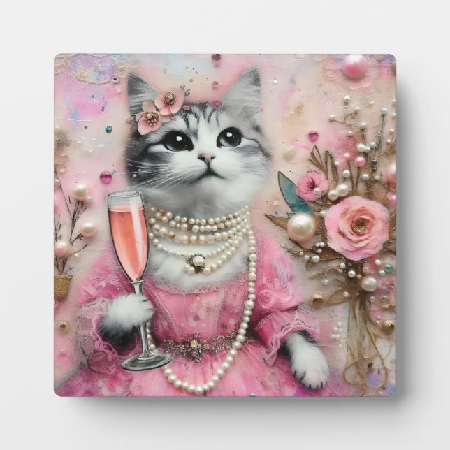 Adorable Cat in a Pink Dress With Pearls  Plaque (Front)