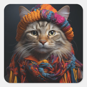 Adorable Cat in a Scarf and Hat Square Sticker