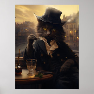 Adorable Cat In A Suit Sipping A Drink In Paris Poster