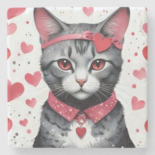 Adorable Cat in Disguise - Purrfect Valentine Fun Stone Coaster