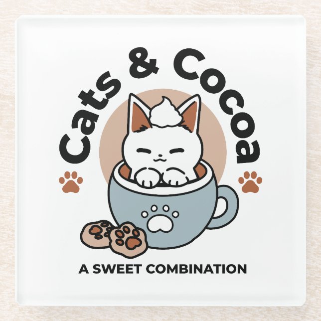 Adorable Cat in Mug Holiday Design - Cat & Cocoa Glass Coaster (Front)