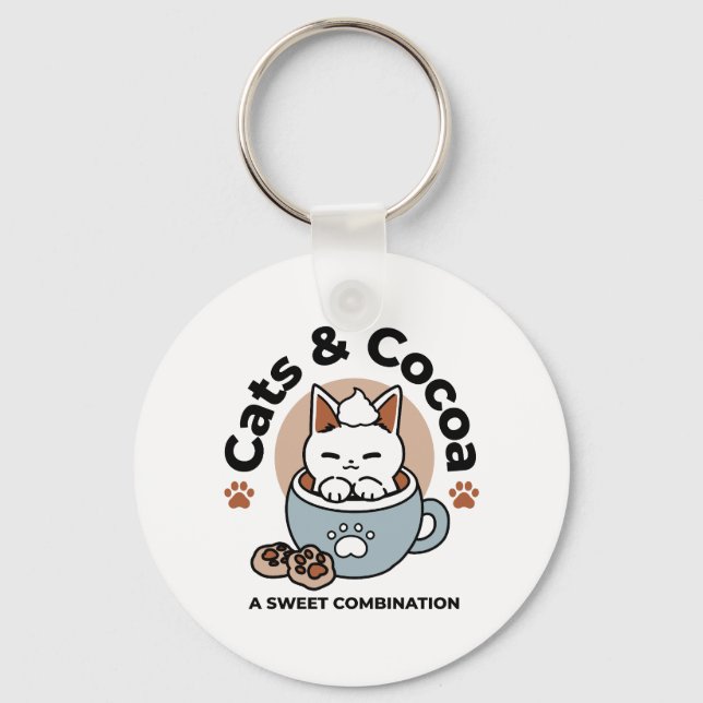 Adorable Cat in Mug Holiday Design - Cat & Cocoa Keychain (Front)