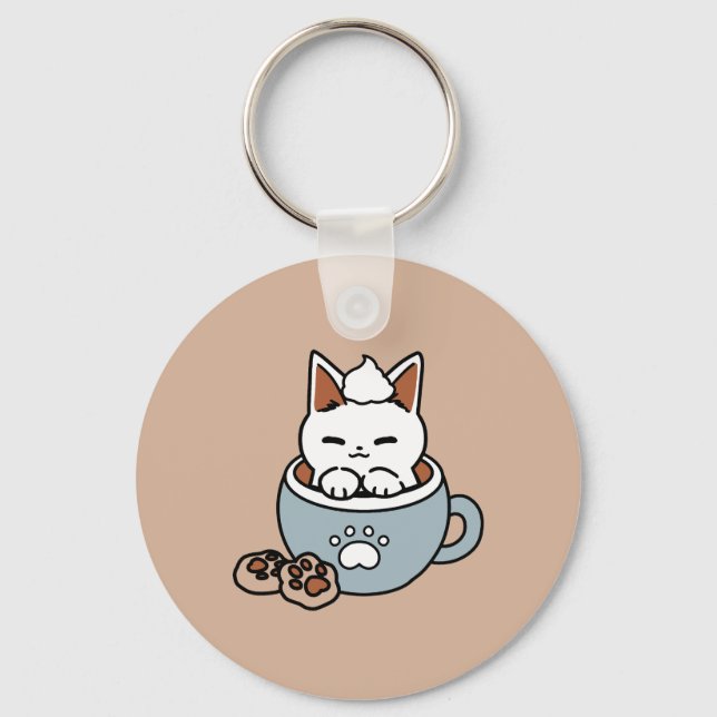 Adorable Cat in Mug Holiday Design - Cat & Cocoa Keychain (Front)