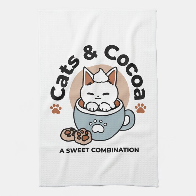 Adorable Cat in Mug Holiday Design - Cat & Cocoa Kitchen Towel (Vertical)