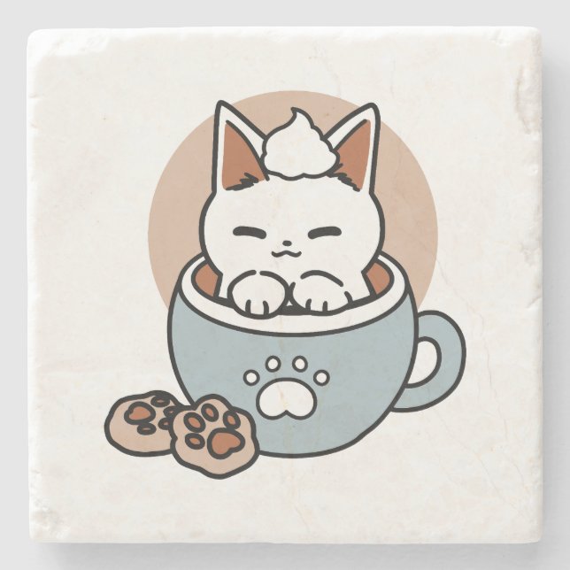 Adorable Cat in Mug Holiday Design - Cat & Cocoa Stone Coaster (Front)