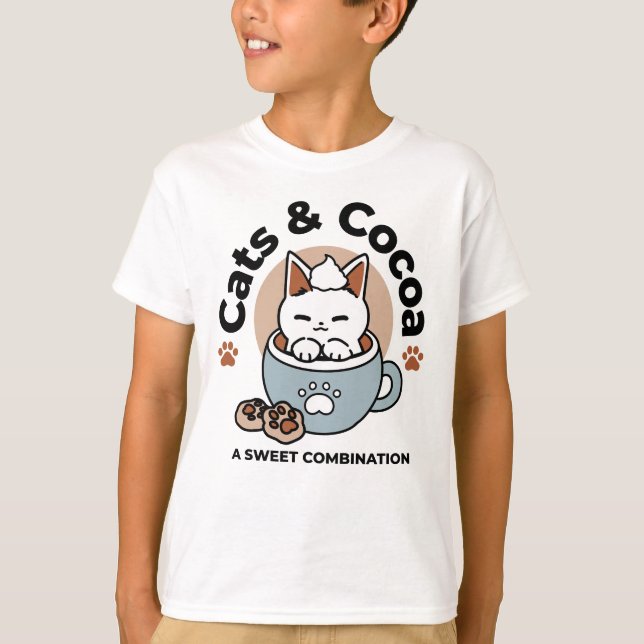 Adorable Cat in Mug Holiday Design - Cat & Cocoa T-Shirt (Front)