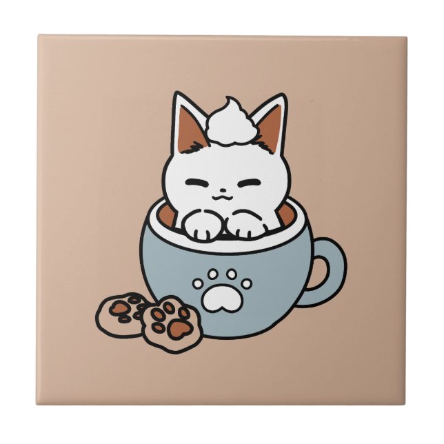 Adorable Cat in Mug Holiday Design - Cat & Cocoa Tile (Front)