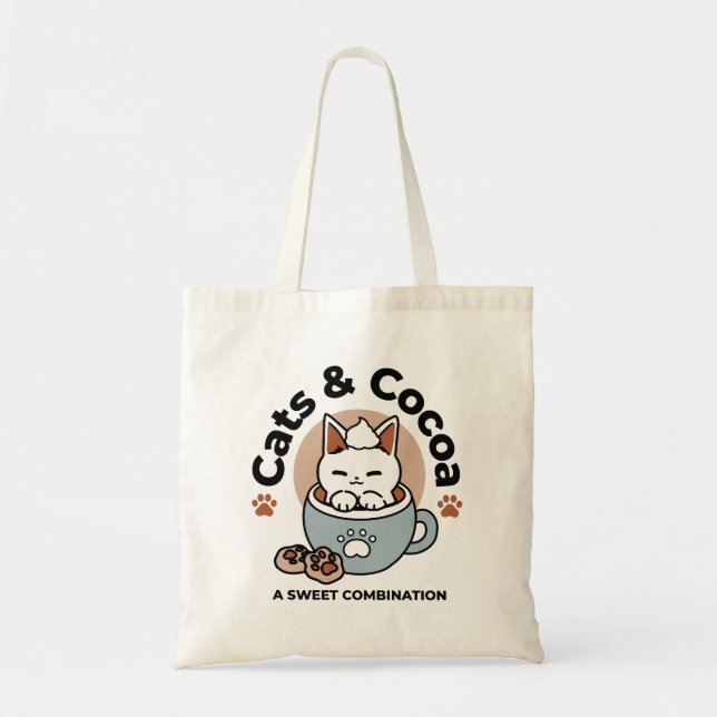 Adorable Cat in Mug Holiday Design - Cat & Cocoa Tote Bag (Front)