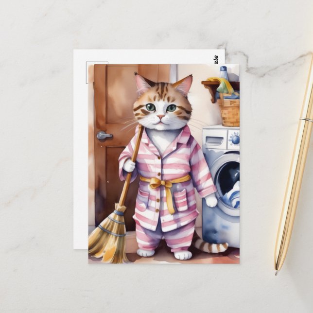 Adorable Cat in Pyjamas Doing Laundry Funny  Postcard (Front/Back In Situ)