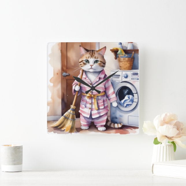 Adorable Cat in Pyjamas Doing Laundry Funny  Square Wall Clock (Home)