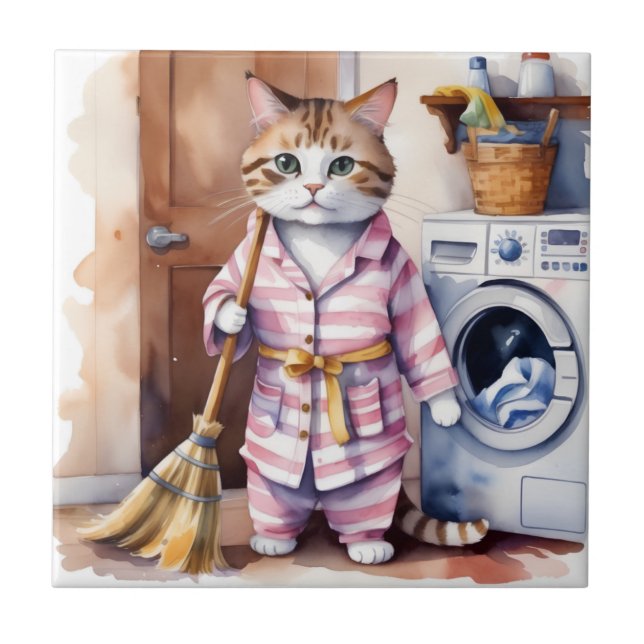 Adorable Cat in Pyjamas Doing Laundry Funny  Tile (Front)