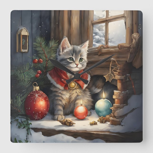 Adorable Cat in Red Cape at Christmas  Square Wall Clock (Front)