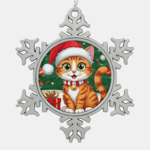 Adorable Cat in Santa Hat with Gift Snowflake Pewter Christmas Ornament