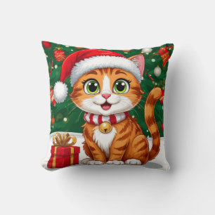 Adorable Cat in Santa Hat with Gift Throw Pillow