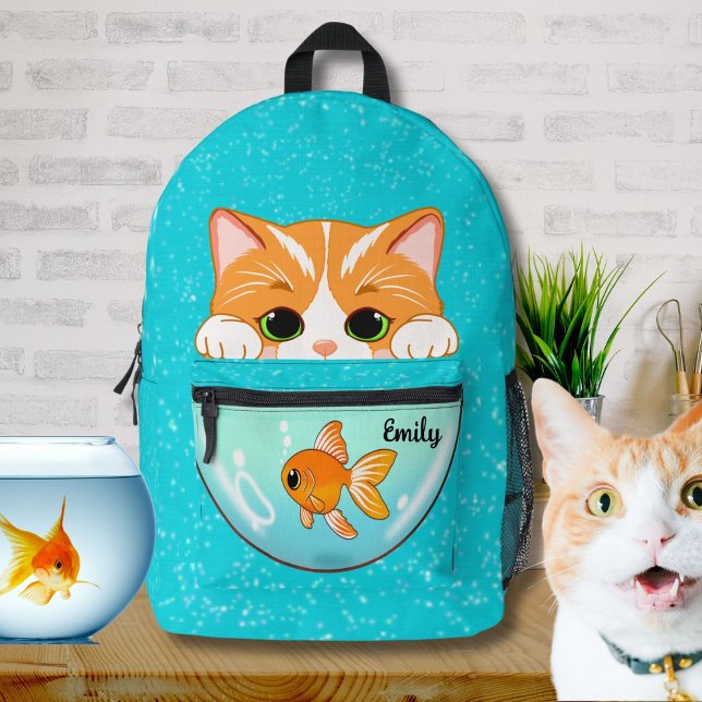 Adorable Cat Looking into Goldfish Bowl With Name Printed Backpack (Creator Uploaded)