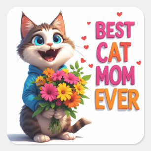Adorable Cat Mom Kitty With Flower Hearts 🐱 Square Sticker