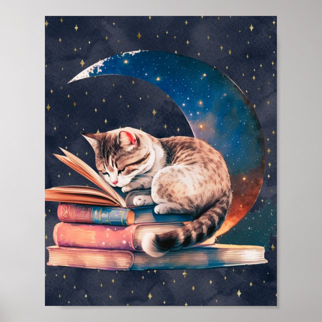 Adorable Cat on the Moon Reading A Book Poster (Front)