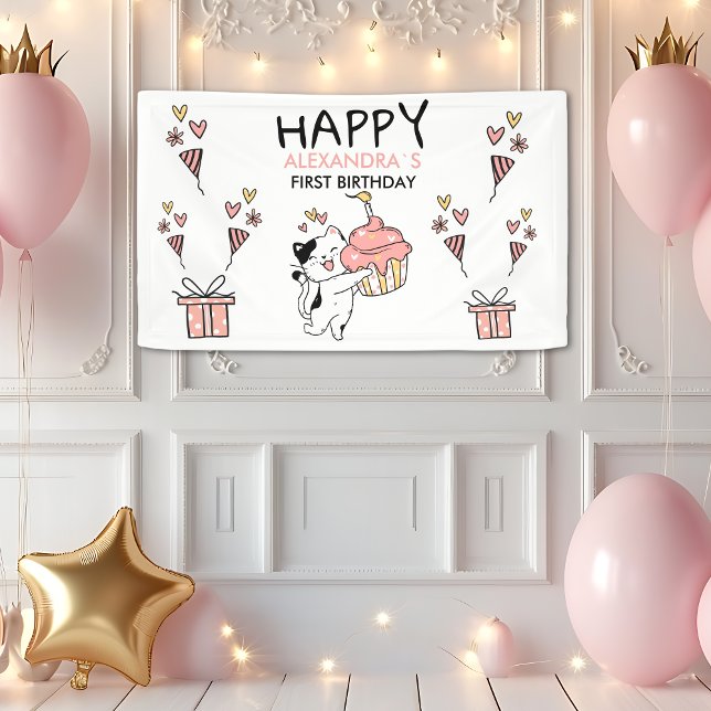 Adorable Cat-Themed First Girl Birthday Banner (Creator Uploaded)