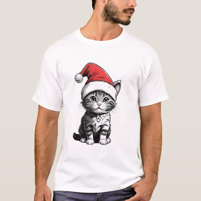 Adorable Cat wearing a Santa hat T-Shirt (Front)