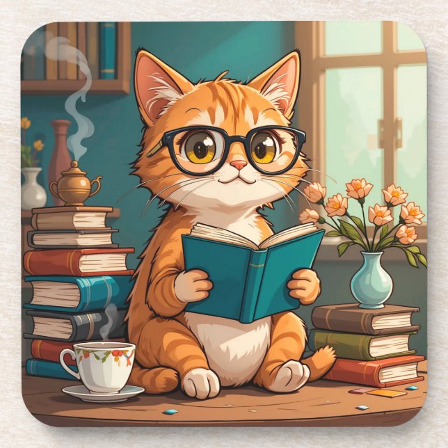 Adorable Cat Wearing Glasses Reading a Book Coaster (Front)