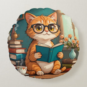 Adorable Cat Wearing Glasses Reading a Book Round Pillow