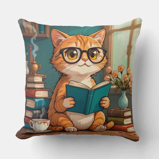 Adorable Cat Wearing Glasses Reading a Book Throw Pillow (Front)