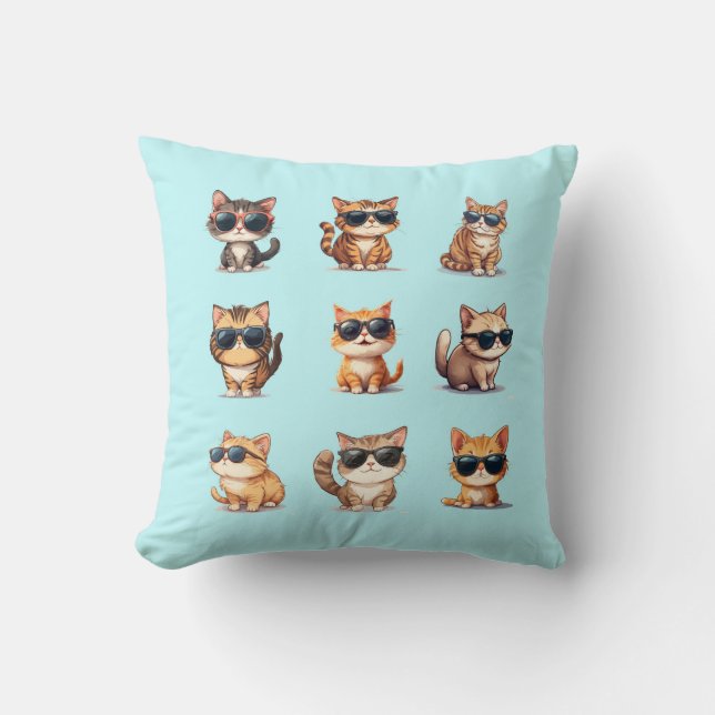 Adorable Cat Wearing Sunglasses On A Light Blue  Throw Pillow (Front)