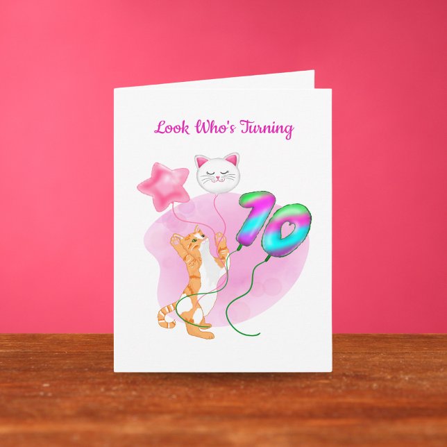 Adorable Cat With 10th Birthday Balloons Card (Creator Uploaded)