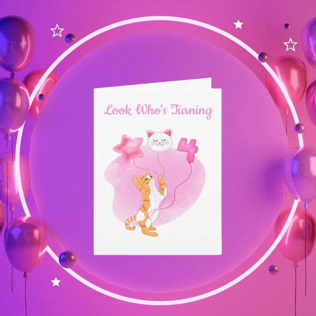 Adorable Cat With 4th Birthday Balloons Card (Creator Uploaded)