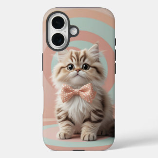 Adorable Cat with Bow Tie on Soft Pastel iPhone 16 Case