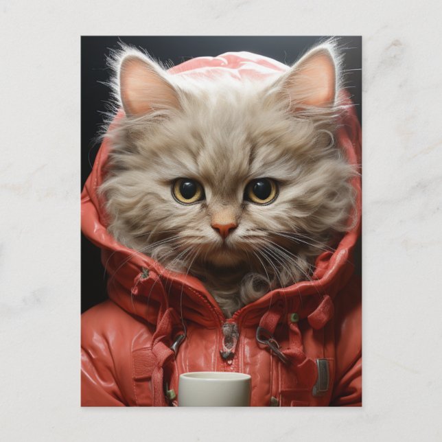 Adorable Cat With Coffee Postcard (Front)