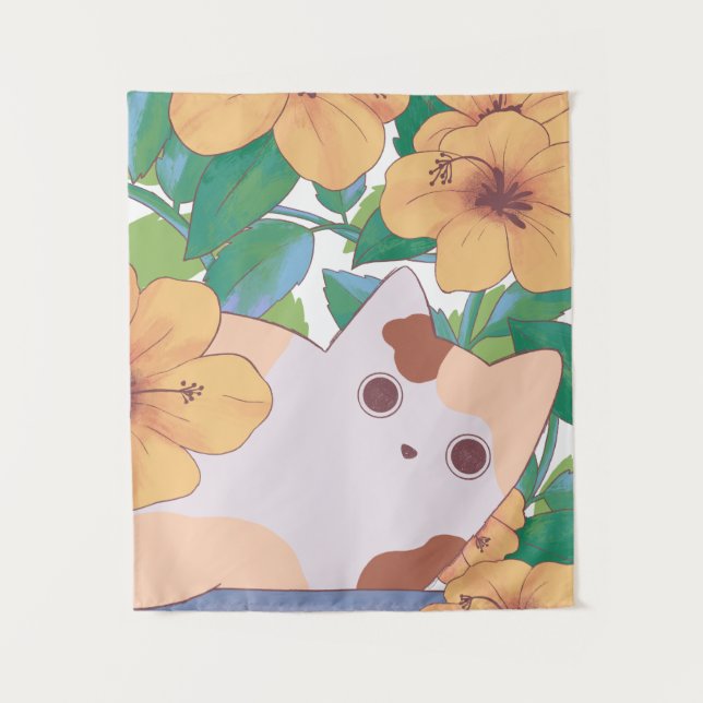 Adorable Cat with Flowers Tapestry (Front)