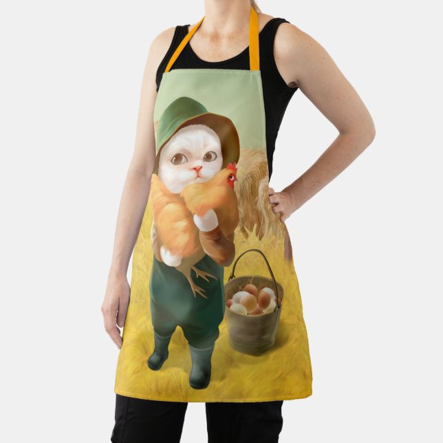 Adorable Cat with Hen on Farm Apron (Insitu)